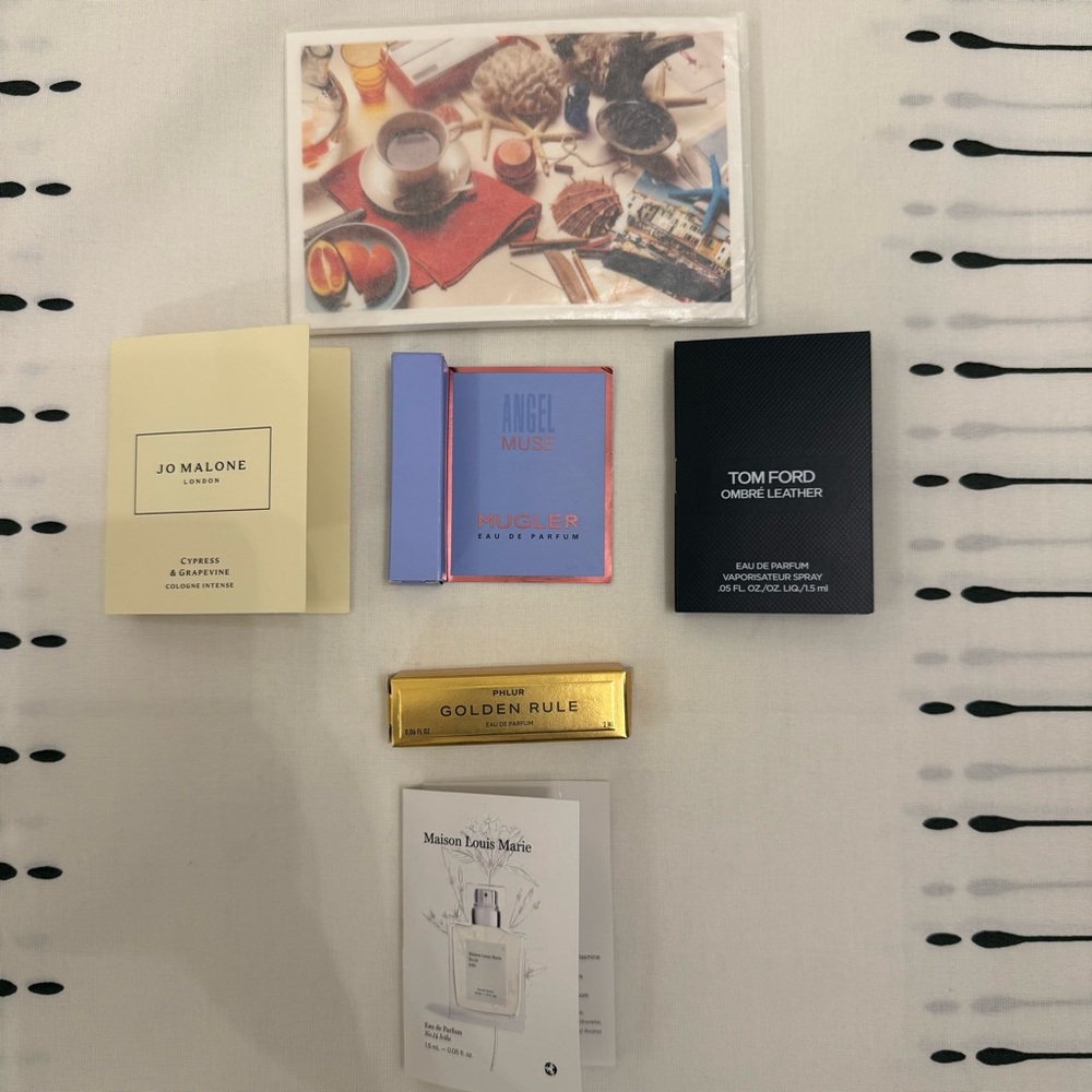 Various perfume samples (Maison Louis Marie, Phlur, Jo Malone, Tom Ford…).